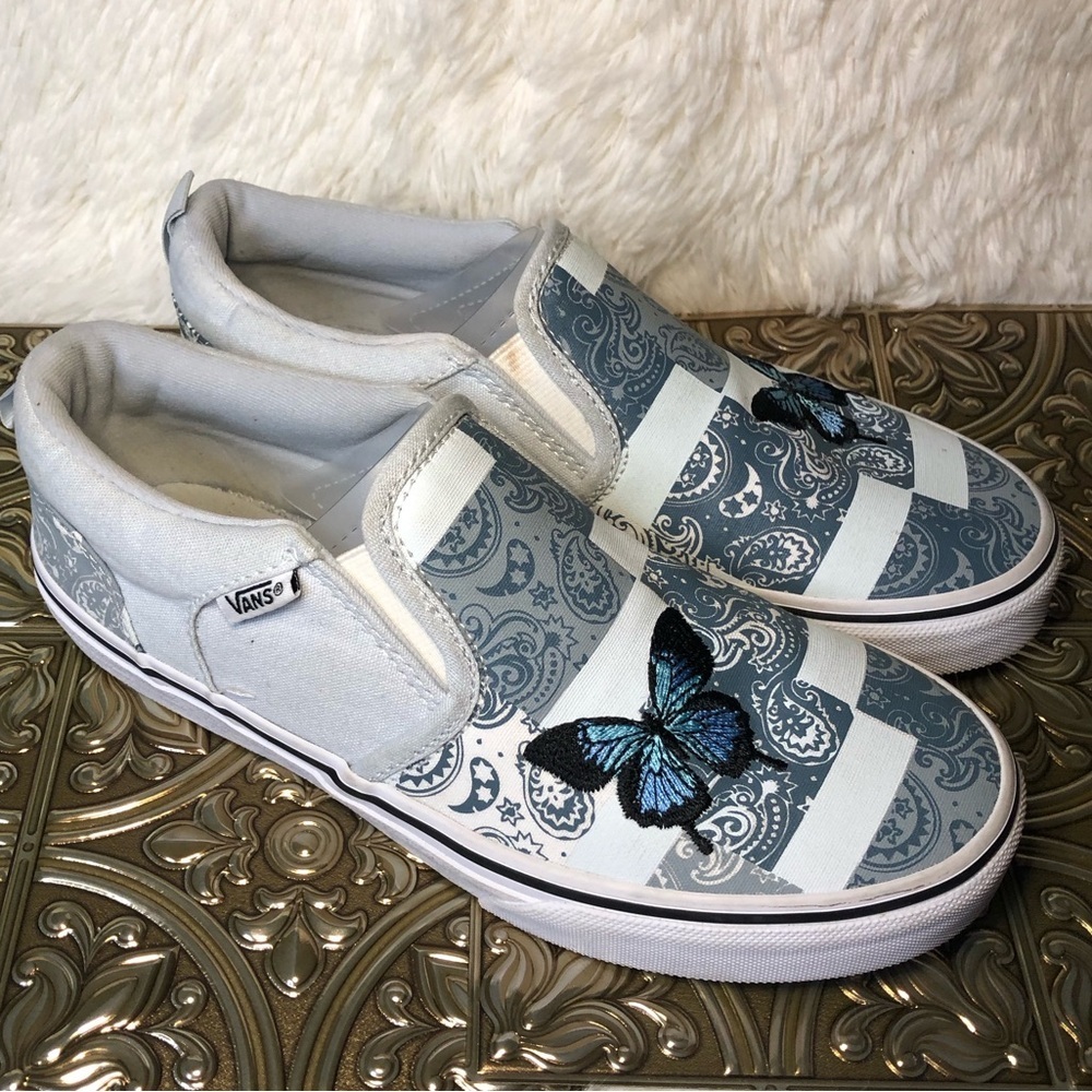 Vans Slip-On Patchwork Sneakers - White and Blue with Butterfly Missy 5 - Picture 5 of 16